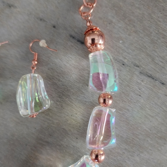 Iridescent Opaline Bead Necklace with Rose Gold Copper Accents and Earrings - Picture 3 of 7